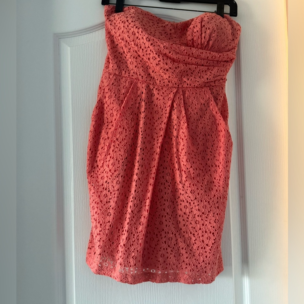 Coral Strapless Floral Lace Midi Dress